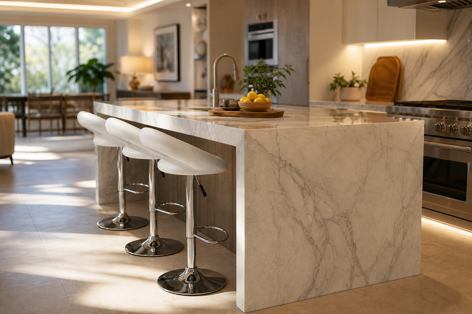 A modern kitchen island made of light beige marble with white and chrome bar stools in a bright, contemporary kitchen.
