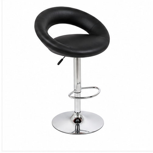 A modern bar stool with a black faux leather seat and a curved backrest, supported by a chrome-plated adjustable pedestal base with a footrest ring.