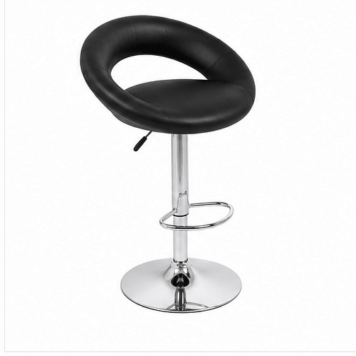 A modern bar stool with a black faux leather seat and a curved backrest, supported by a chrome-plated adjustable pedestal base with a footrest ring.