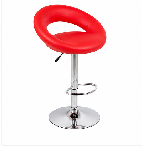 A modern red upholstered bar stool with a curved seat, chrome adjustable pedestal base, and footrest ring, shown on a plain white background.