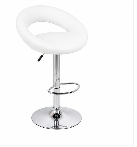 A modern white upholstered bar stool with a curved seat, adjustable chrome pedestal base, and footrest ring, shown on a plain white background.
