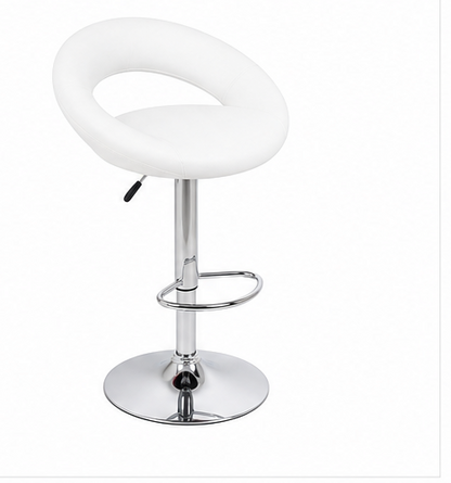 A modern white upholstered bar stool with a curved seat, adjustable chrome pedestal base, and footrest ring, shown on a plain white background.