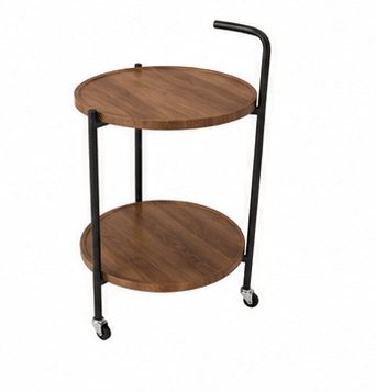 A two-tier rolling side table with round brown wood-look shelves and a black metal frame with a push handle and casters, shown on a plain white background.