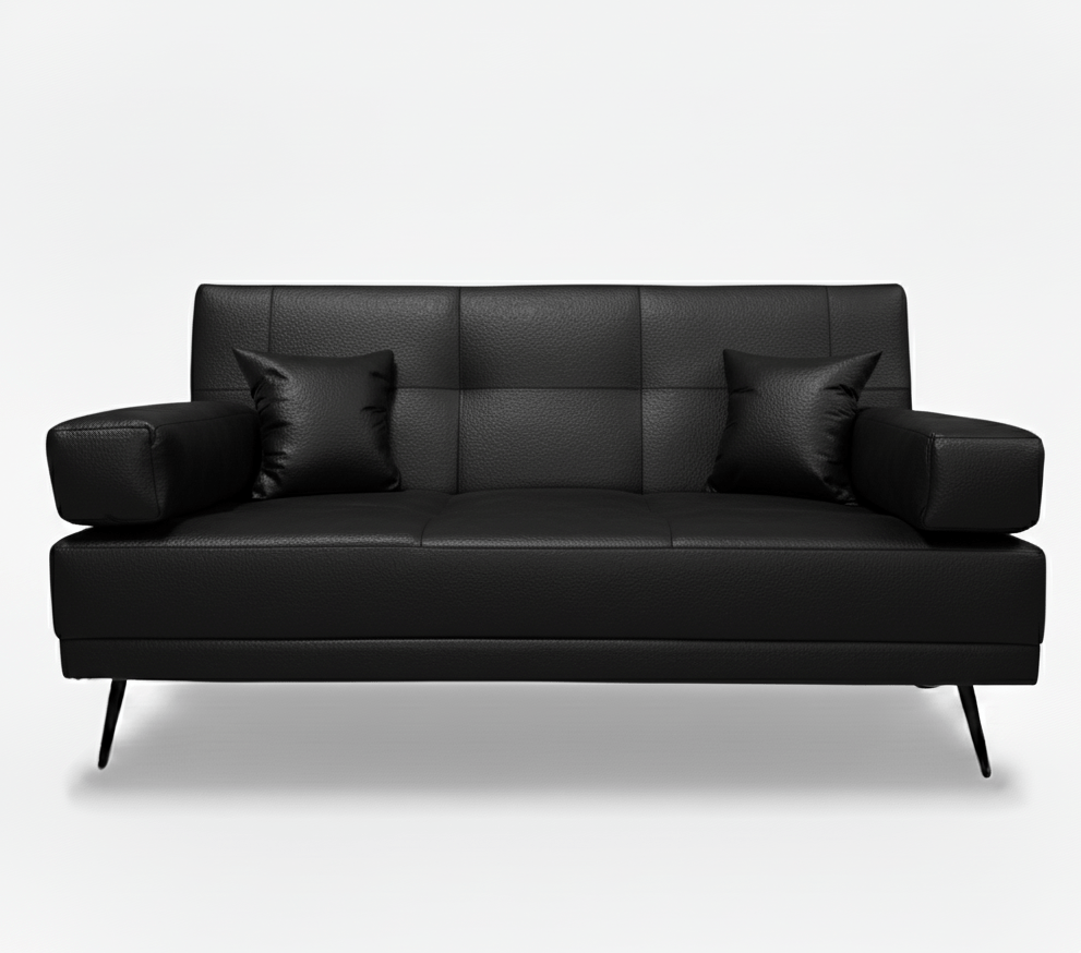 Black leather sleeper sofa with three cushions on a white background. That Couch Place