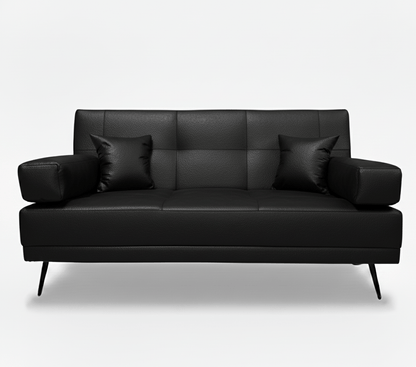 Black leather sleeper sofa with three cushions on a white background. That Couch Place