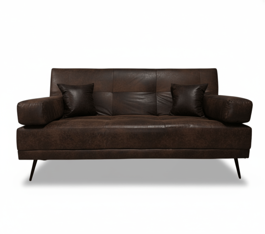 Brown leather sleeper sofa with two cushions on a white background