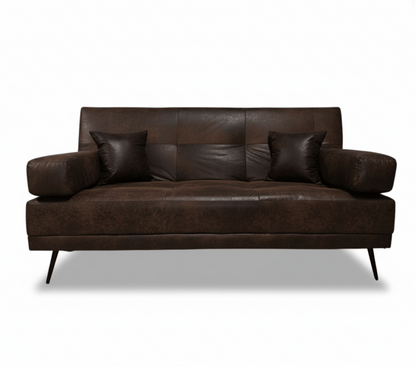 Brown leather sleeper sofa with two cushions on a white background