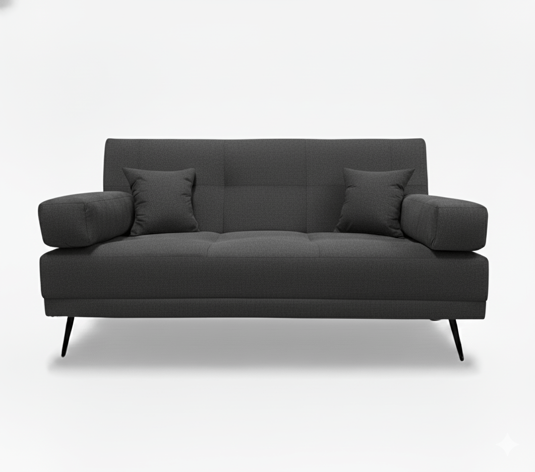 Gray double sleeper couch with two cushions on a white background