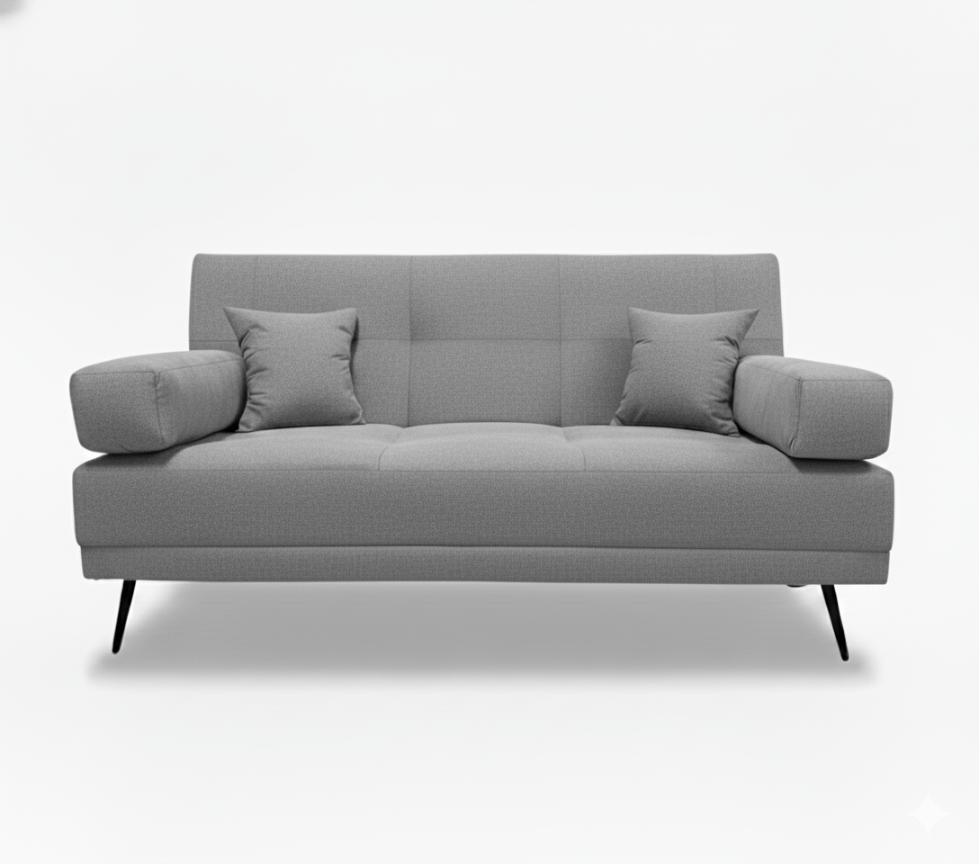 light Grey sleeper couch sofa bed with two cushions on a white background