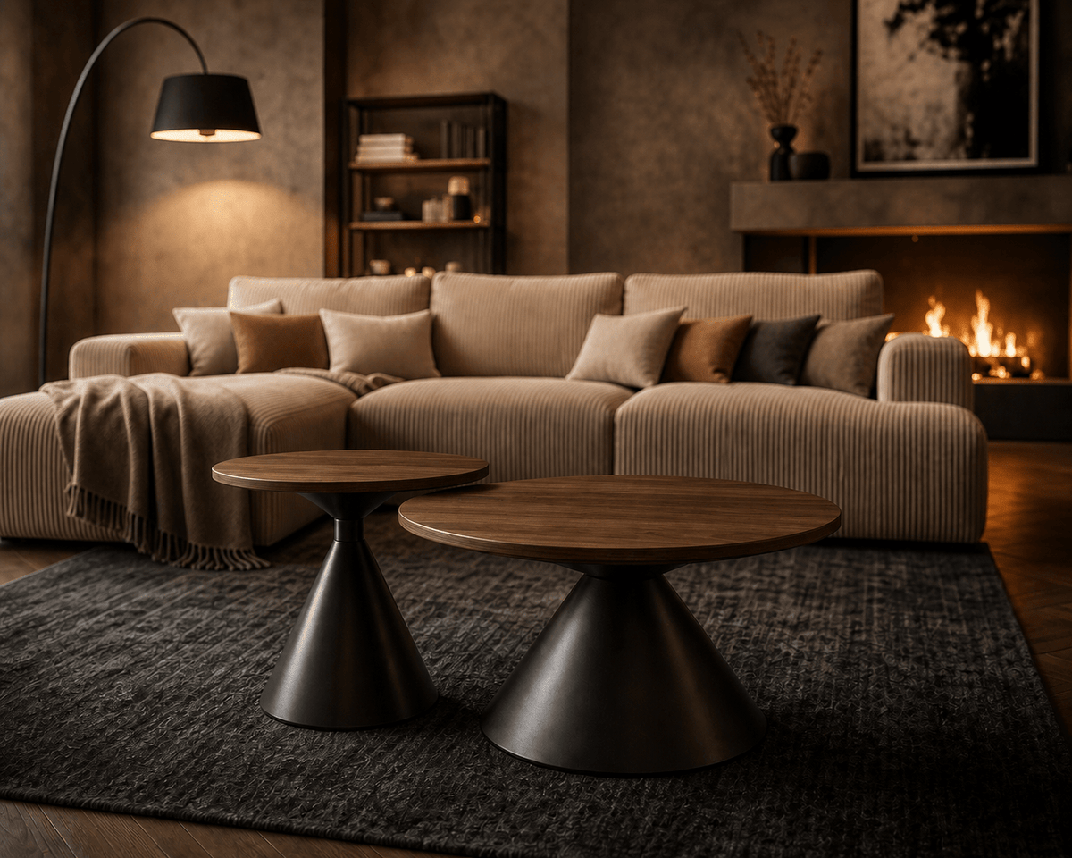 A modern living room scene featuring a beige corduroy sectional sofa with matching throw pillows, two round wooden coffee tables with black metal pedestal bases, a dark textured area rug, a black floor lamp, and a warm fireplace in the background.