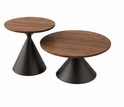 Two round nesting side tables with medium brown wood-grain tops and matte black tapered pedestal bases, shown on a plain white background.