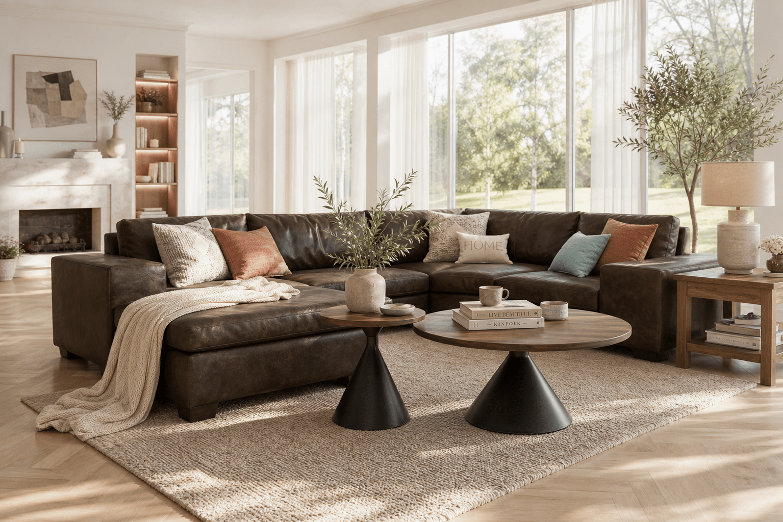 A dark brown leather sectional sofa arranged in an open U-shape in a bright, modern living room with large windows, neutral and accent pillows, a beige throw blanket, two round coffee tables, and a textured rug.