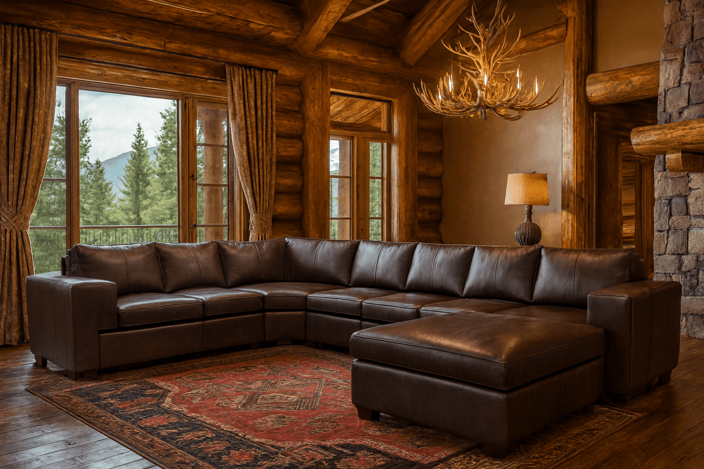 Brown leather sectional sofa in a rustic living room with wooden walls and a stone fireplace.