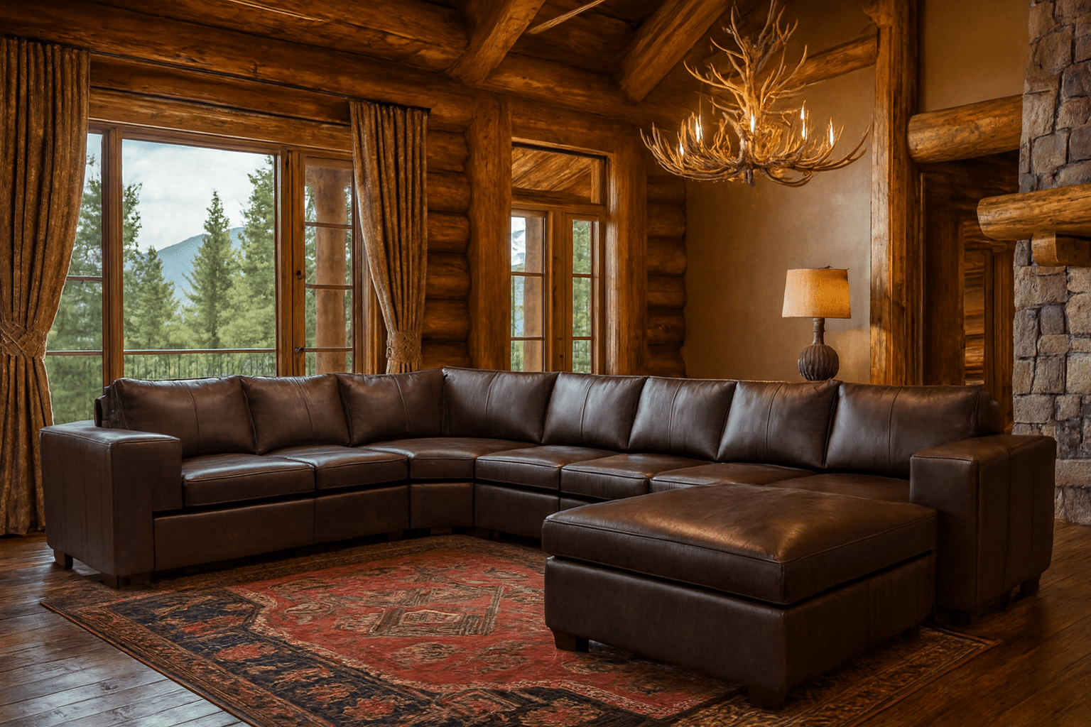 Brown leather sectional sofa in a rustic living room with wooden walls and a stone fireplace.