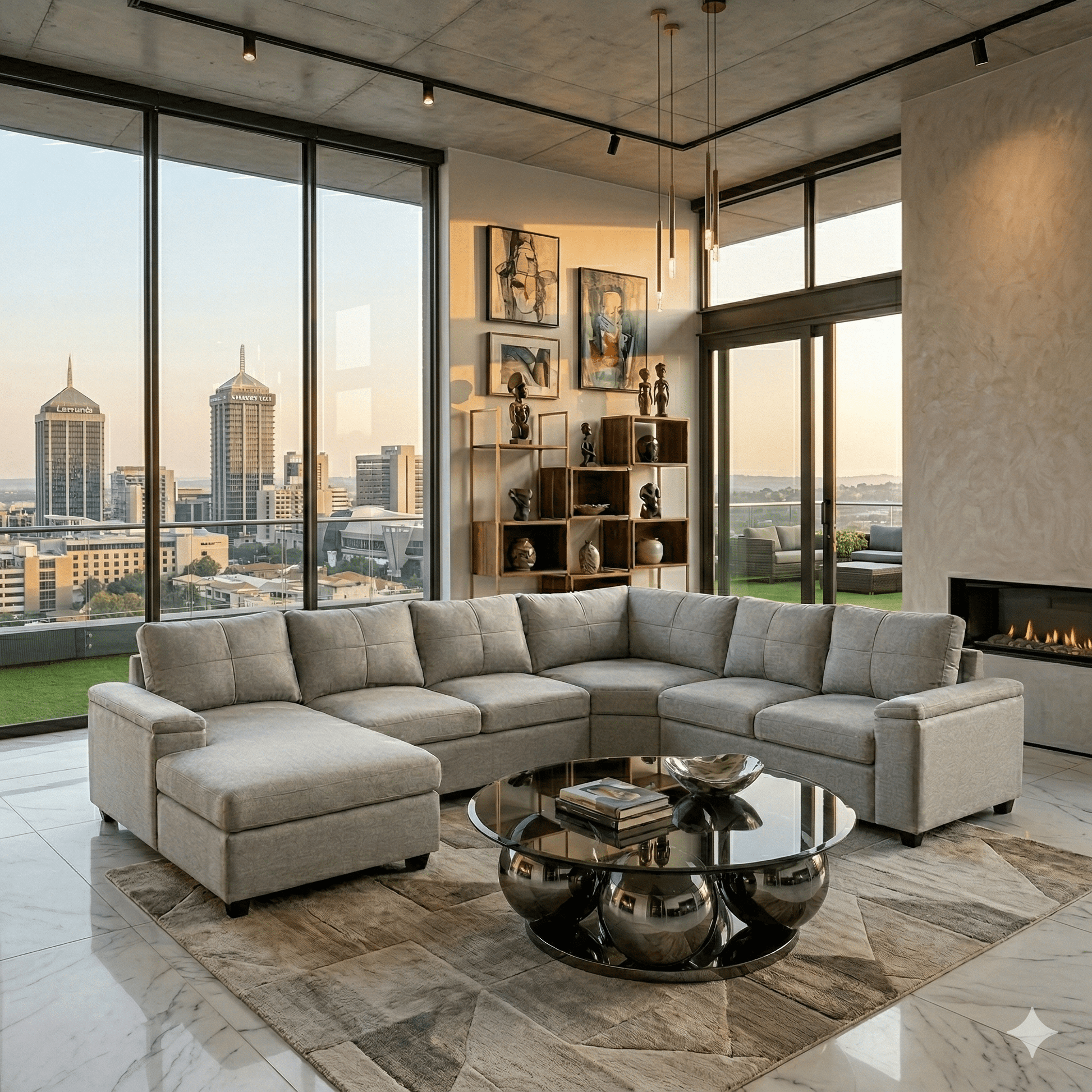 Modern living room with a sectional sofa, coffee table, and cityscape view.