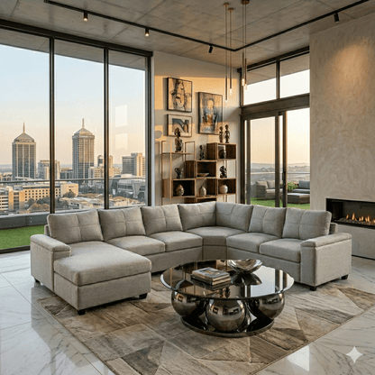 Modern living room with a sectional sofa, coffee table, and cityscape view.