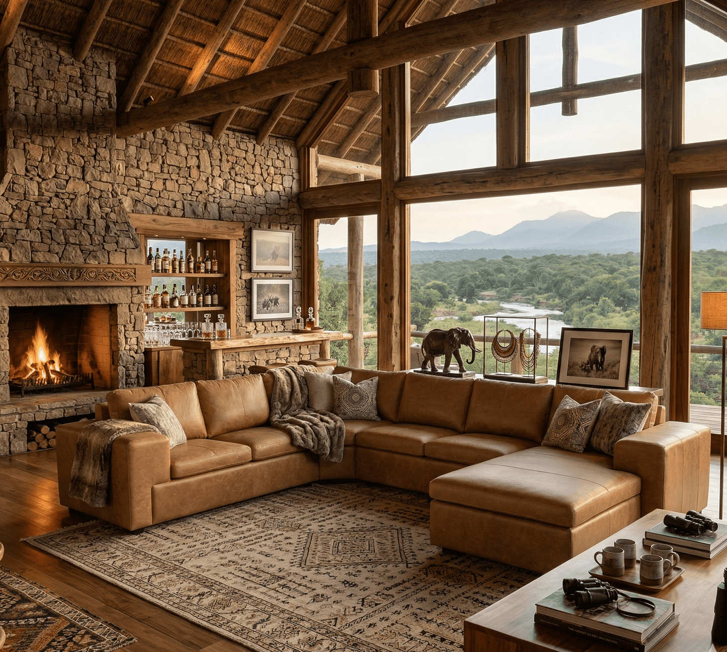 Cozy living room with a large sectional sofa, stone fireplace, and scenic window view.