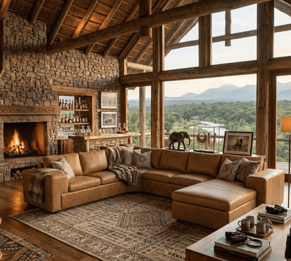 Cozy living room with a large sectional sofa, stone fireplace, and scenic window view.