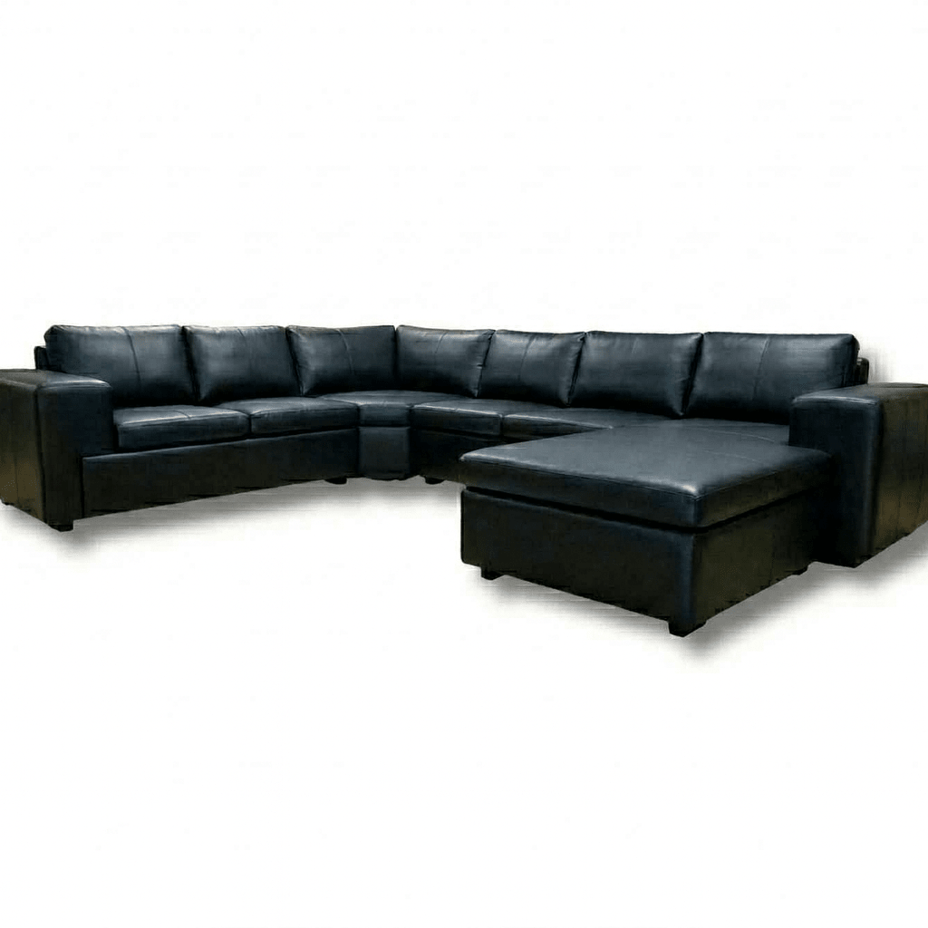 Black leather sectional sofa on a white background