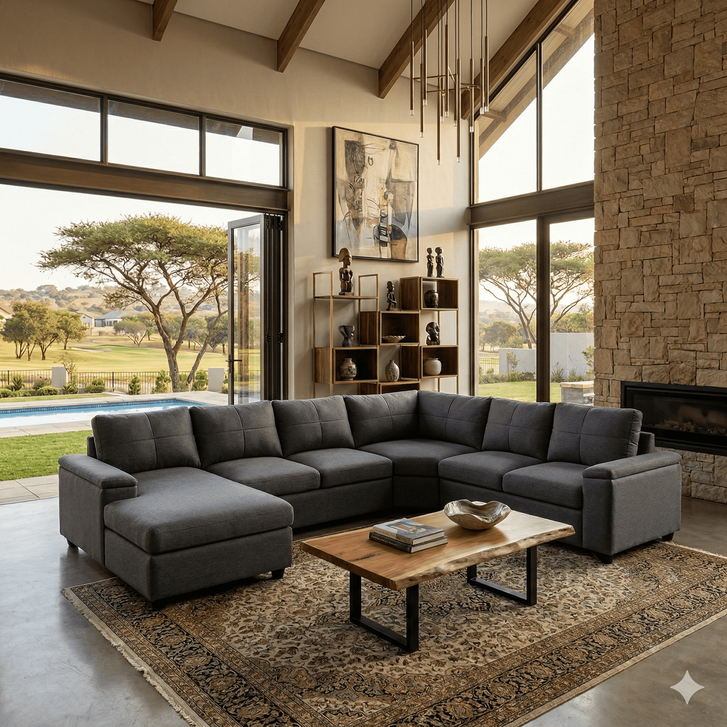 Modern living room with a large sectional sofa, wooden coffee table, and large windows overlooking a garden.