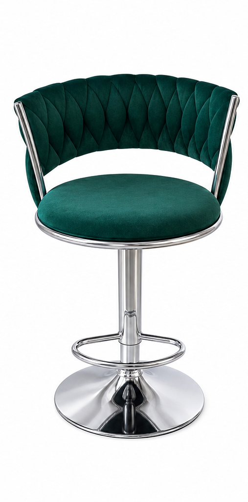 A old fashioned bar stool with a tufted green velvet seat and curved backrest, supported by a polished chrome metal pedestal base and footrest, shown on a plain white background.