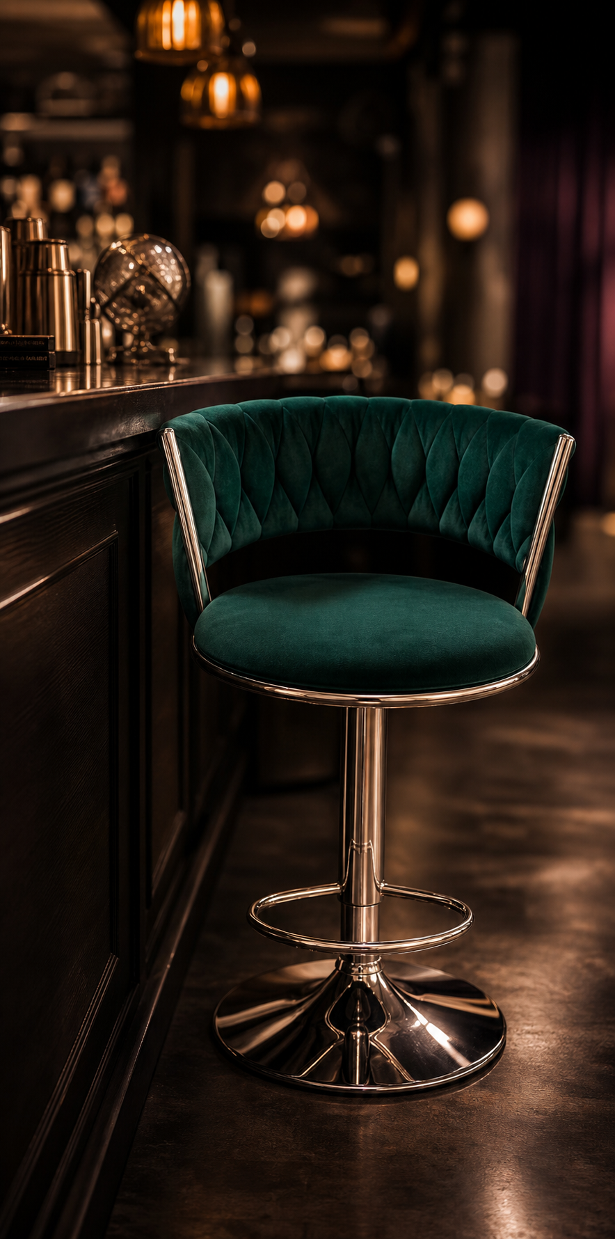 A old fashioned bar stool with a tufted dark green velvet seat and backrest, supported by a polished chrome metal pedestal base and swivel footrest, set in a dimly lit bar environment.
