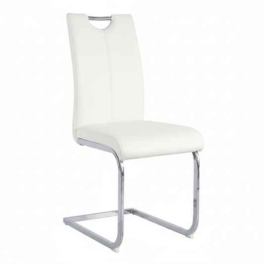 A modern white upholstered dining chair with a curved chrome metal cantilever base and a cutout handle on the backrest, shown against a plain white background.