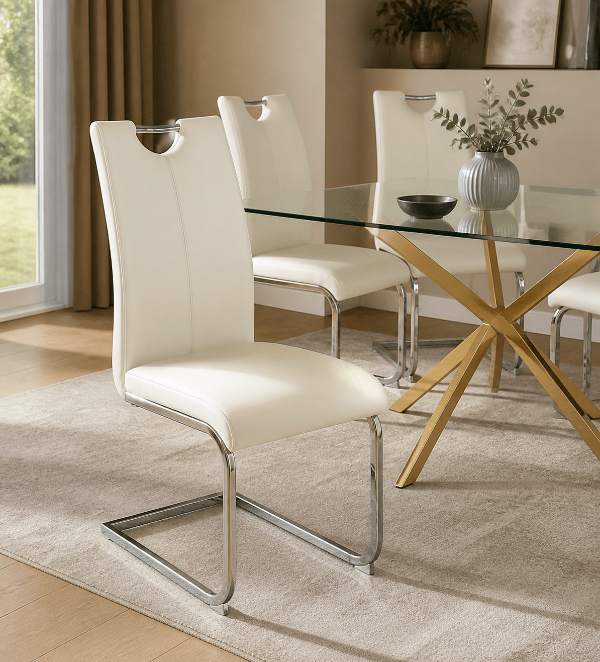 White modern Floating dining chairs  around a table in a light atmosphere on a carpet