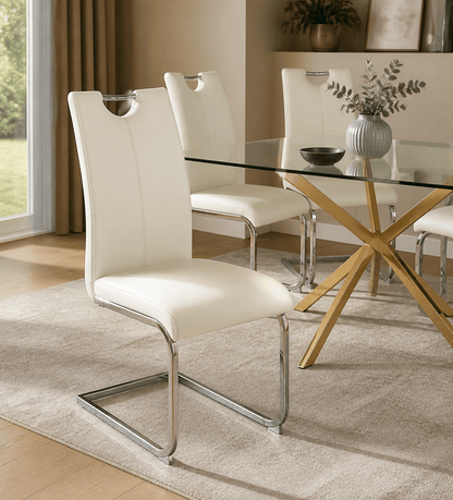 White modern Floating dining chairs  around a table in a light atmosphere on a carpet