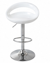 A modern white swivel barstool with a chrome adjustable pedestal base, footrest, and circular seat.