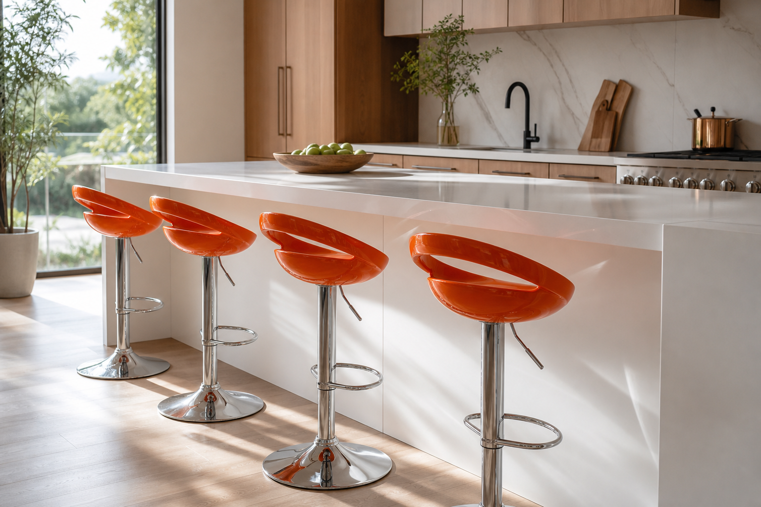 Four modern bar stools with bright orange curved seats and chrome pedestal bases arranged around a white kitchen island in a sunlit contemporary kitchen.
