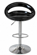 A modern bar stool with a glossy black curved seat, a chrome-finished pedestal base, and a footrest ring, shown against a plain white background.