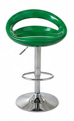 A green curved plastic barstool with a chrome pedestal base and footrest ring, isolated on a white background.