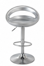 A modern chrome bar stool with a curved backrest, adjustable pedestal base, and footrest ring, shown against a plain white background.