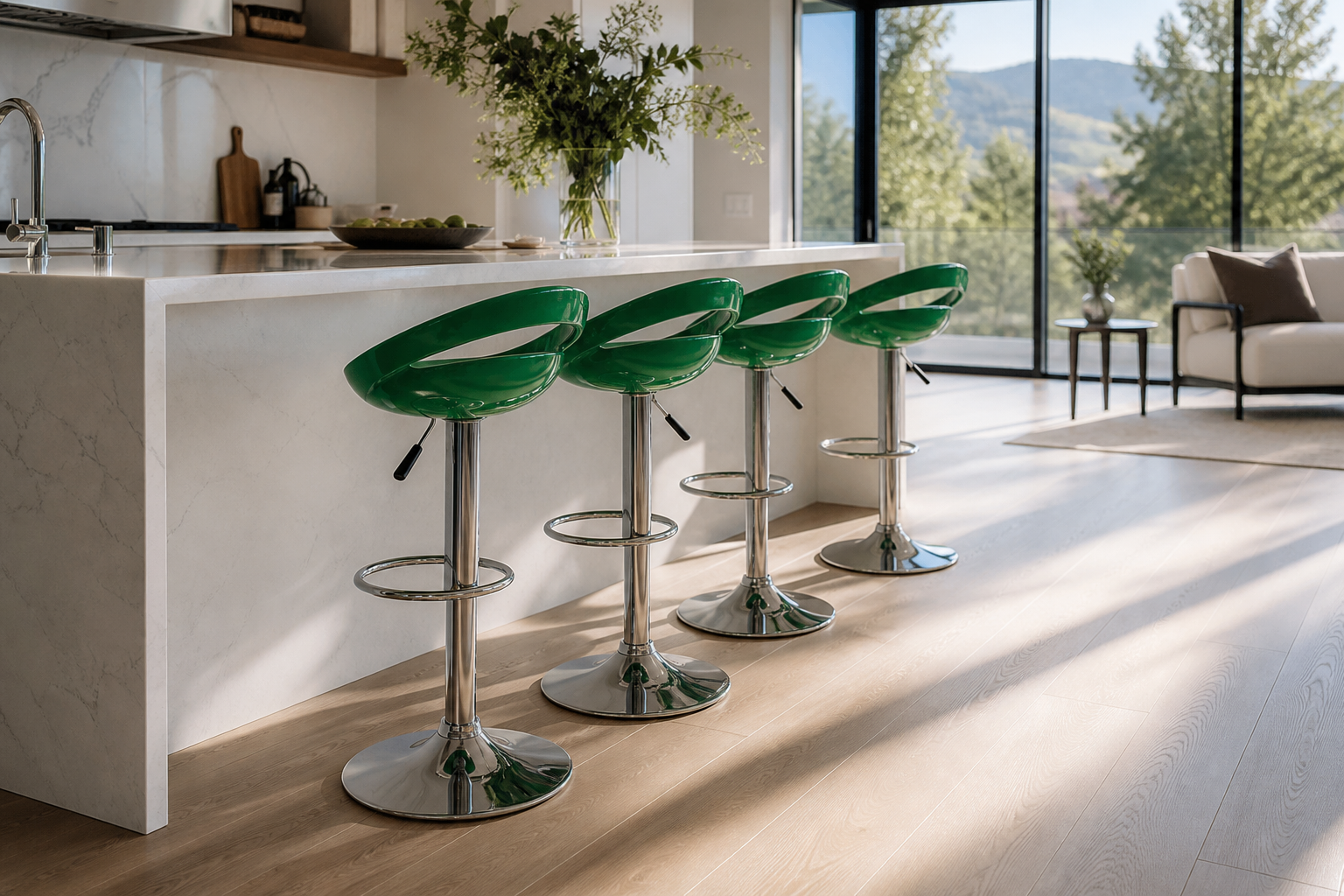 Four green bar stools with chrome pedestal bases lined up along a white kitchen island in a bright, modern kitchen with large windows and a view of trees and mountains.
