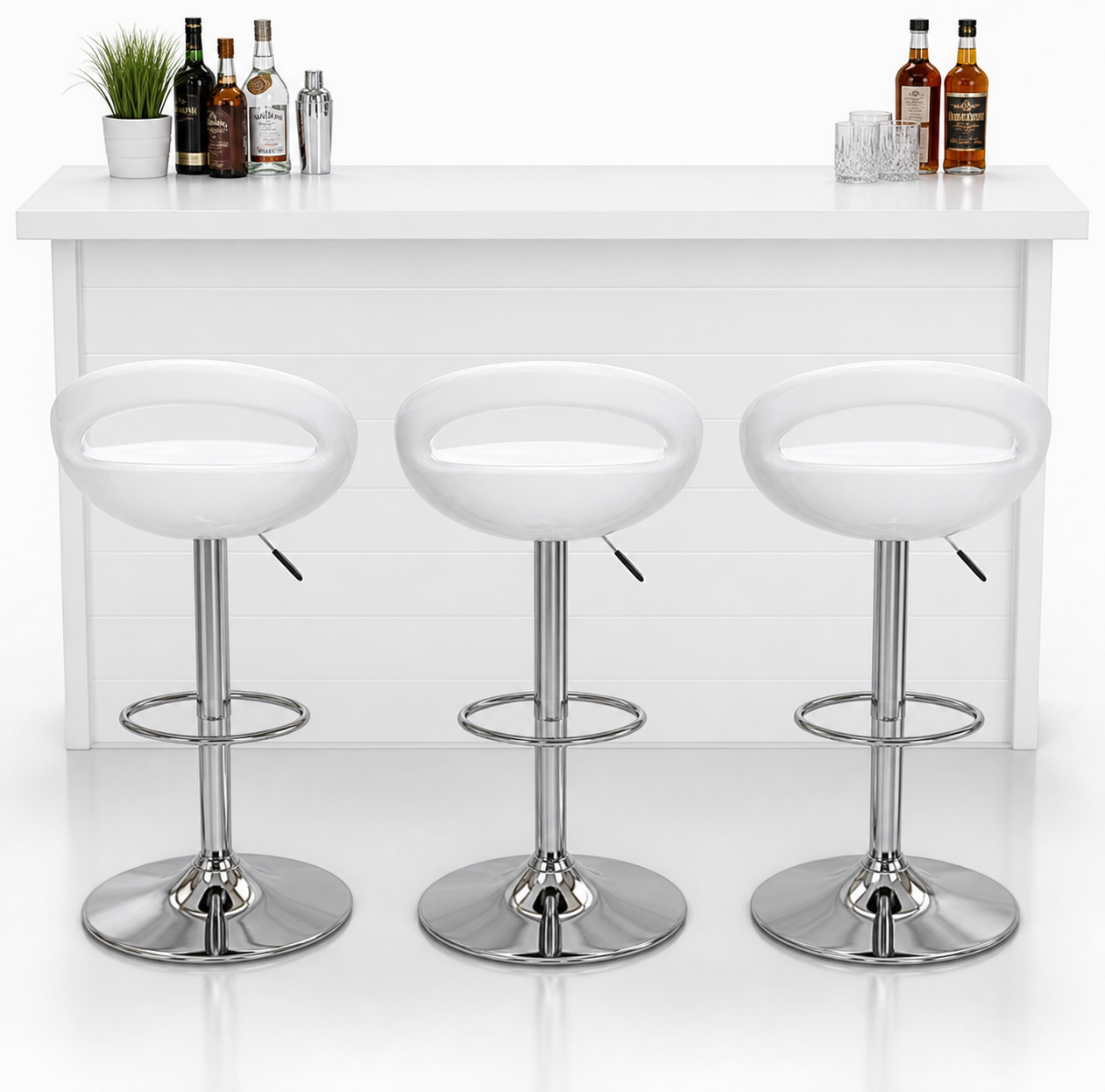 Three white swivel bar stools with chrome pedestal bases and footrests, arranged in front of a white bar counter with bottles and glasses on a clean white studio background.