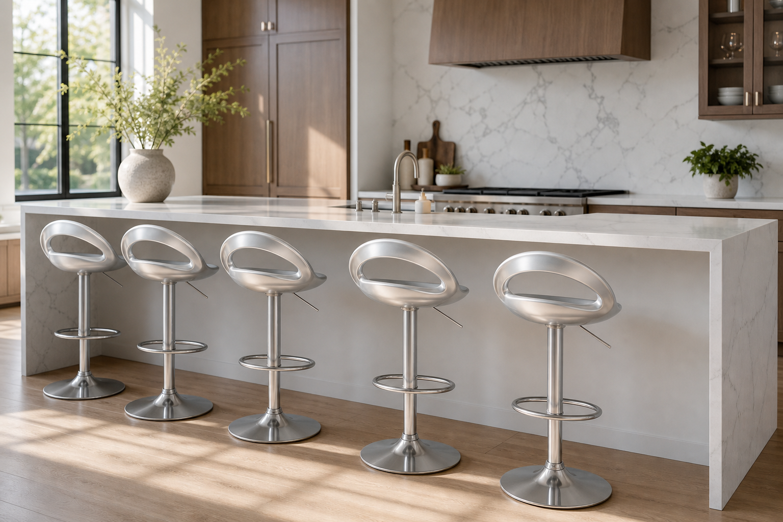 Five modern chrome bar stools with curved white seats arranged along a white kitchen island in a bright, contemporary kitchen.