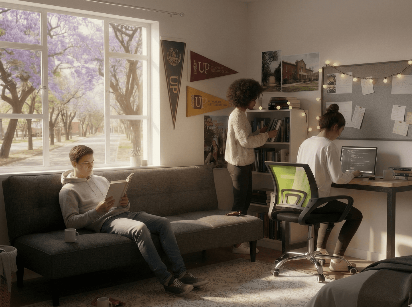 Three students in a room with a large window, one sitting on a sleeper couch reading a book, another standing by a bookshelf, and the third at a desk with a laptop.