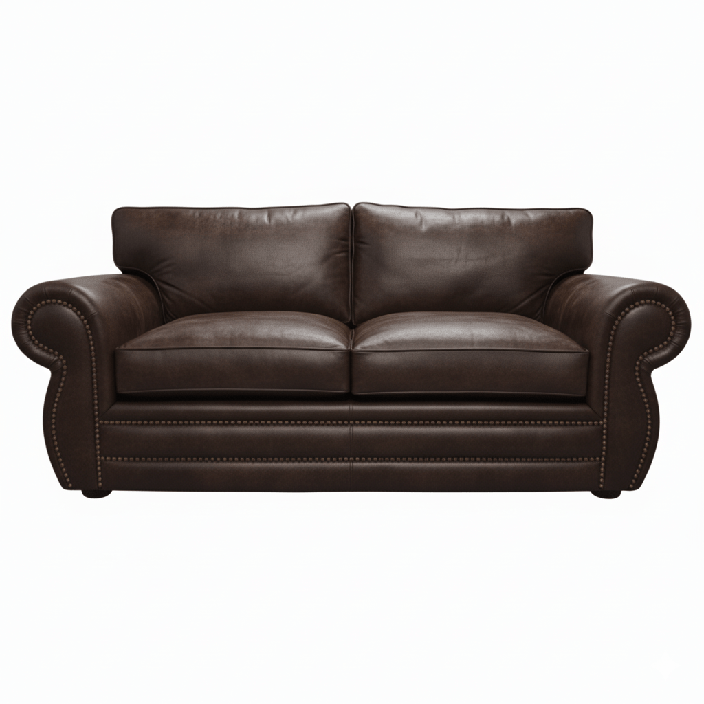 Brown leather soft puffy seating sofa on a white background That Couch Place