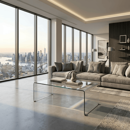Modern living room with a large sectional sofa, glass coffee table, and cityscape view.