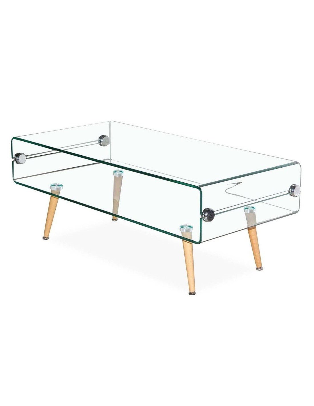 Clear glass coffee table with wooden legs on a white background