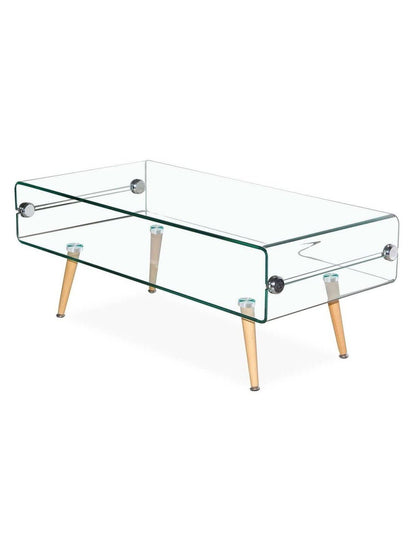 Clear glass coffee table with wooden legs on a white background