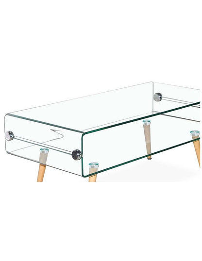 Clear glass coffee table with wooden legs on a white background