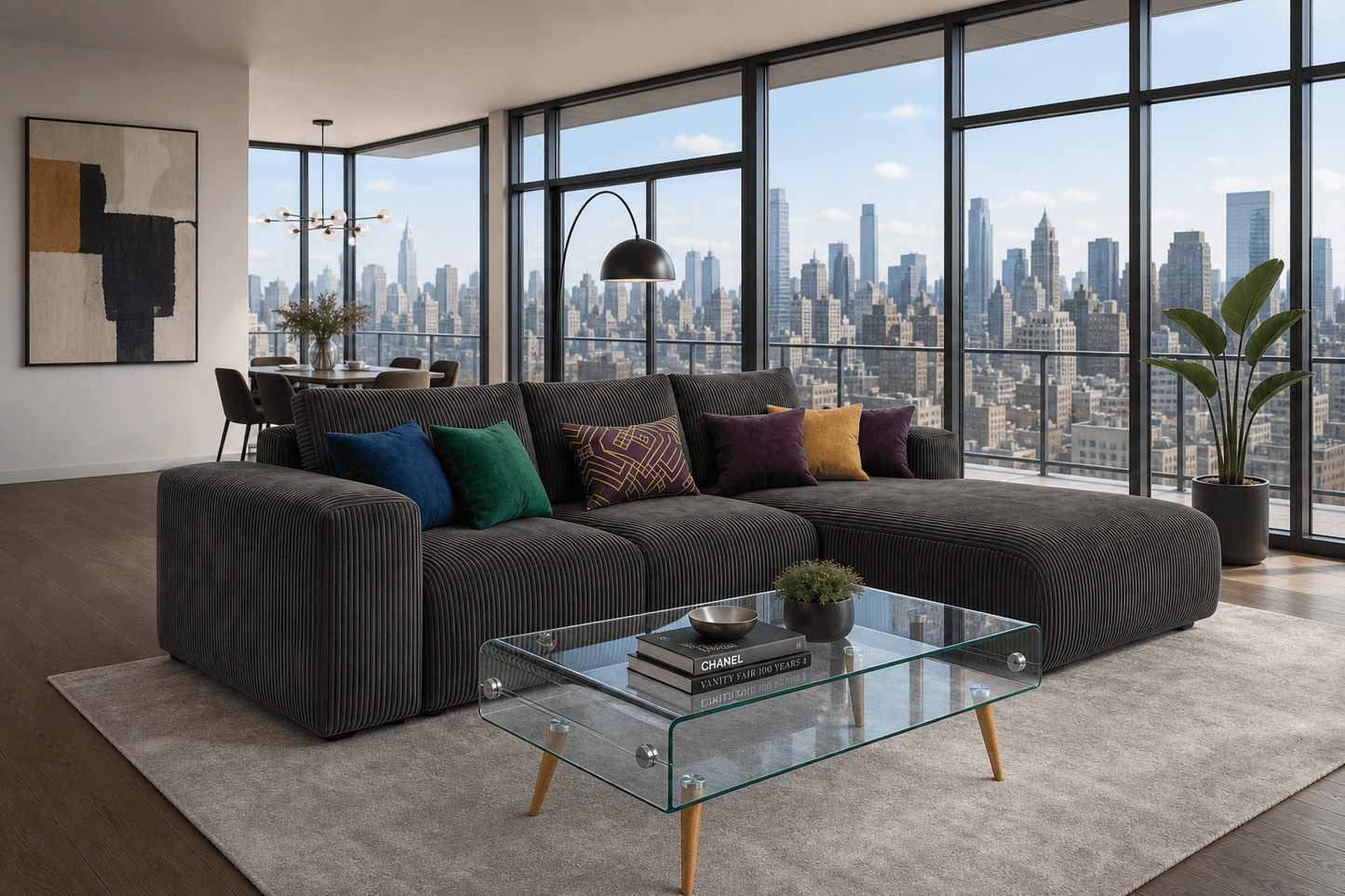 Modern living room with a large sectional sofa, glass coffee table, and city skyline view.