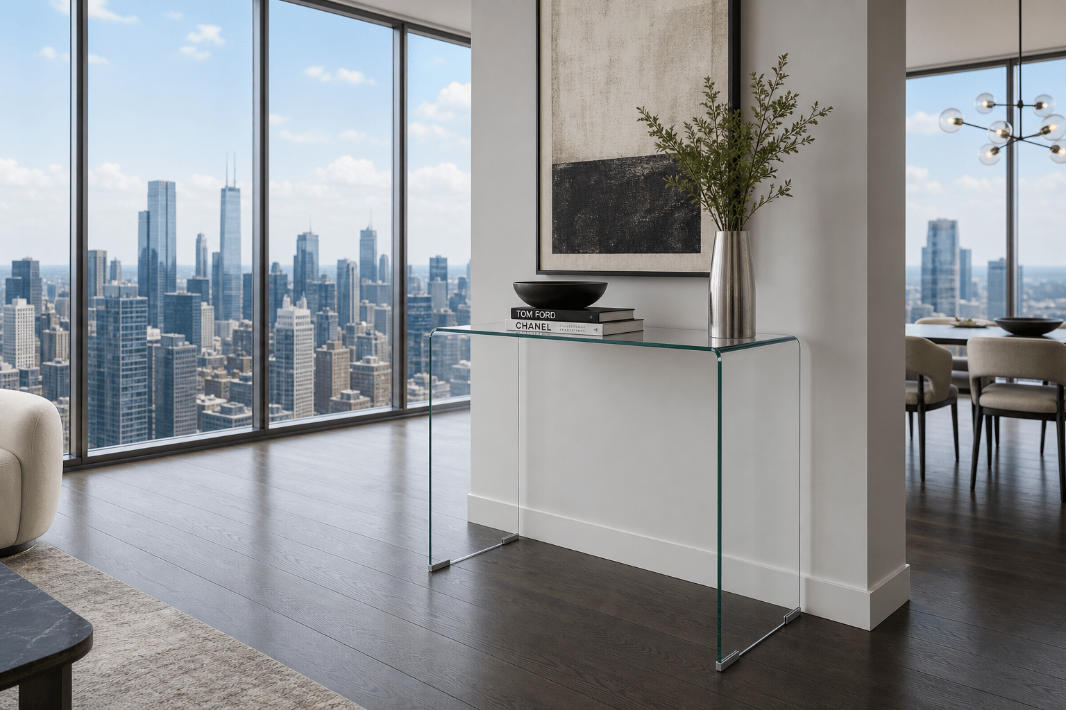 Modern living room with glass console table, city skyline view, and decor items.