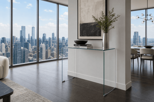 Modern living room with glass console table, city skyline view, and decor items.