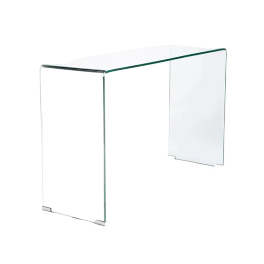 Clear glass side table on a white background