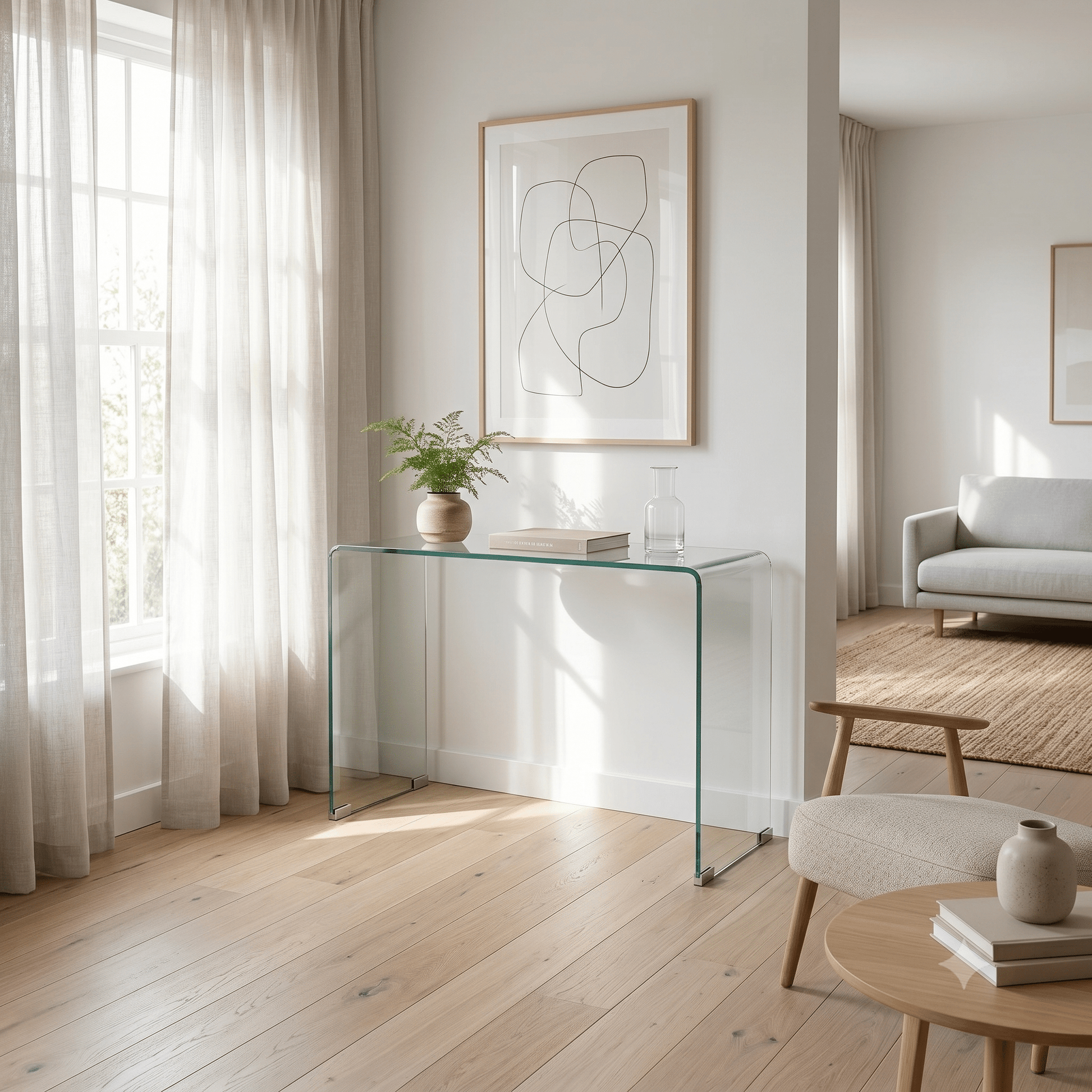 Modern living room with glass console table, abstract art, and neutral decor.