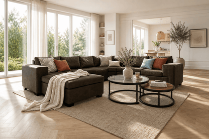 A dark brown modular sectional sofa in a bright, modern living room with large windows, light wood floors, and a beige area rug. The sofa is styled with throw pillows and a cream blanket.