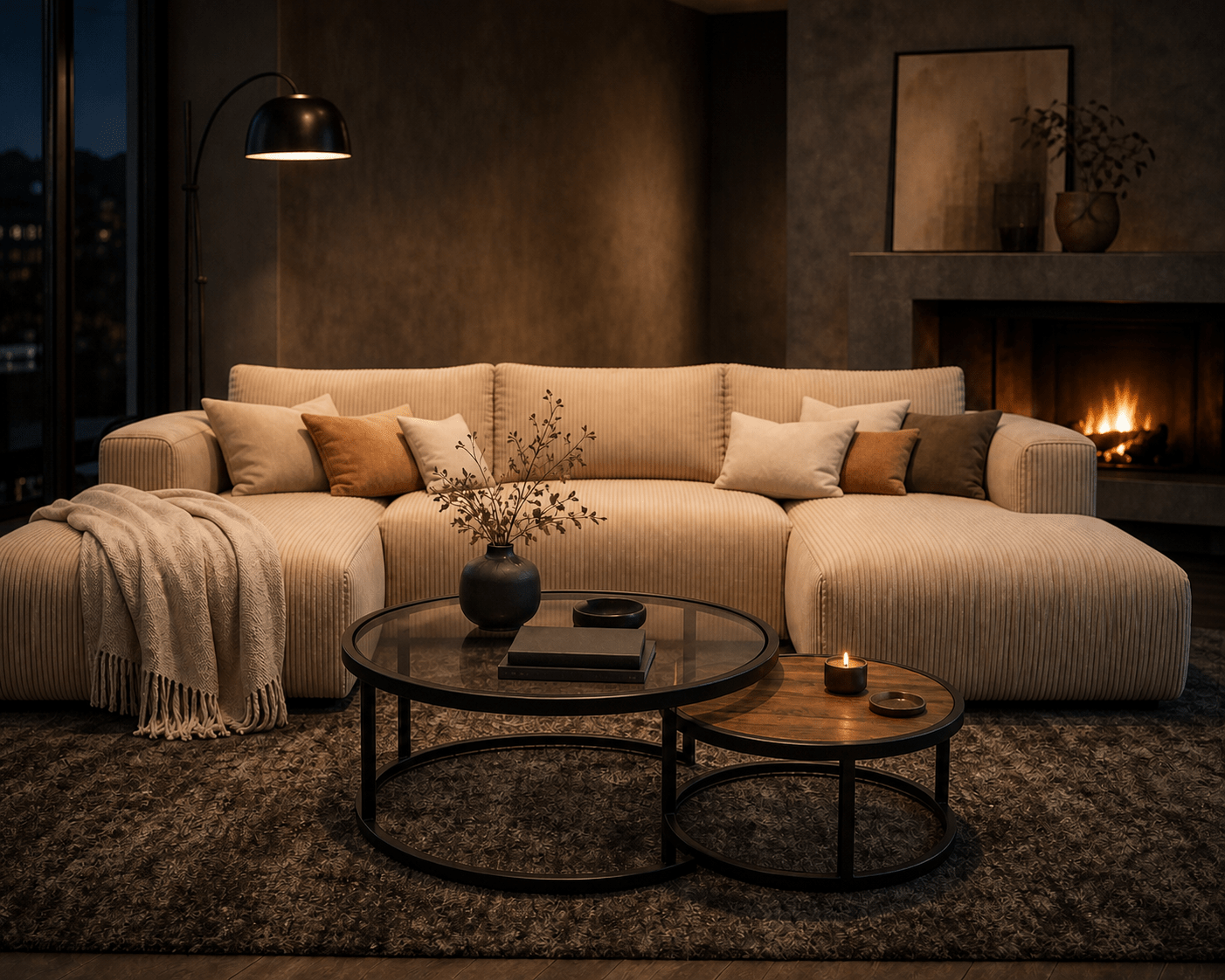 A large cream-colored ribbed sectional sofa in a cozy, dimly lit living room with a fireplace, coffee tables, and a throw blanket.